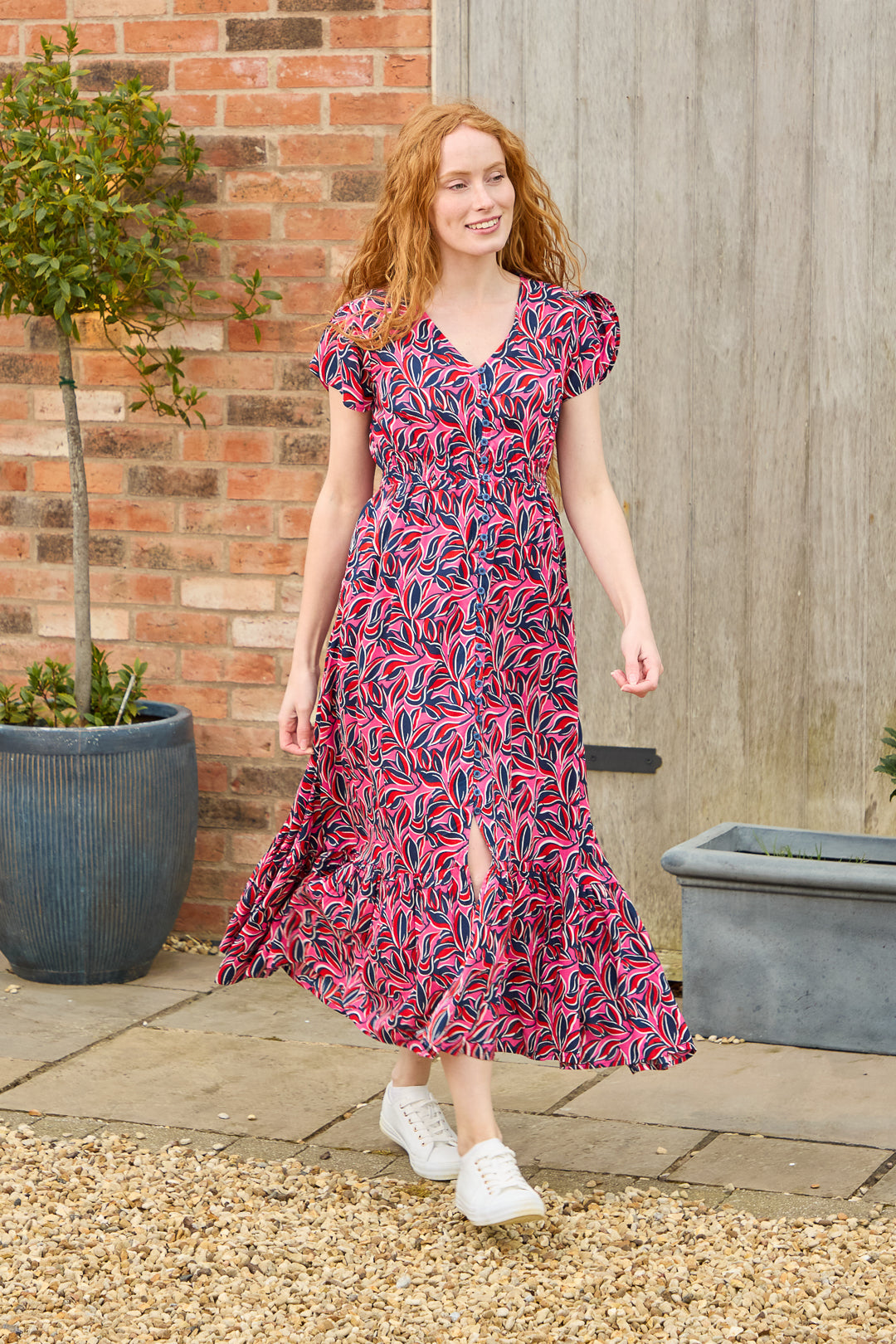 Leaf Print Flared Button-Up Midi Dress