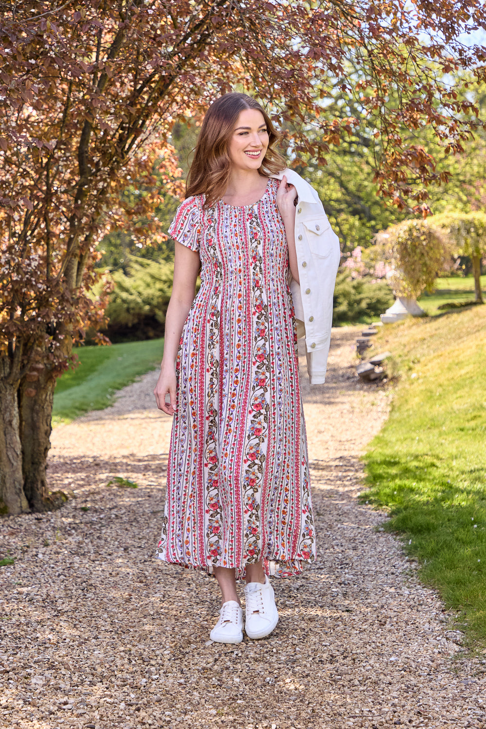 Leaf Print Shirred Bodice Dress