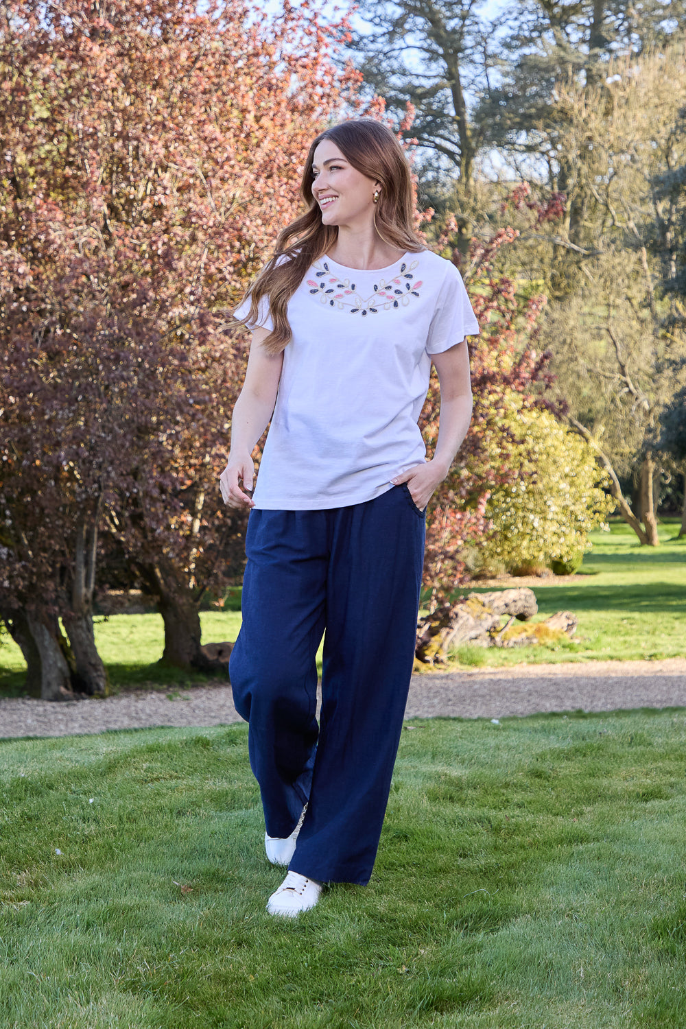 Linen Blend Blanket Stitch Wide Leg Trousers