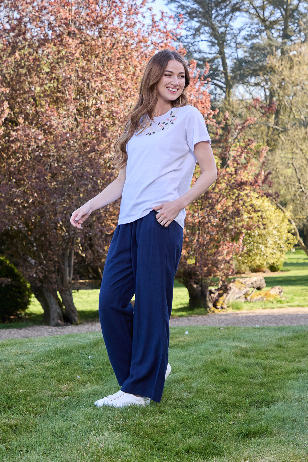 Linen Blend Blanket Stitch Wide Leg Trousers