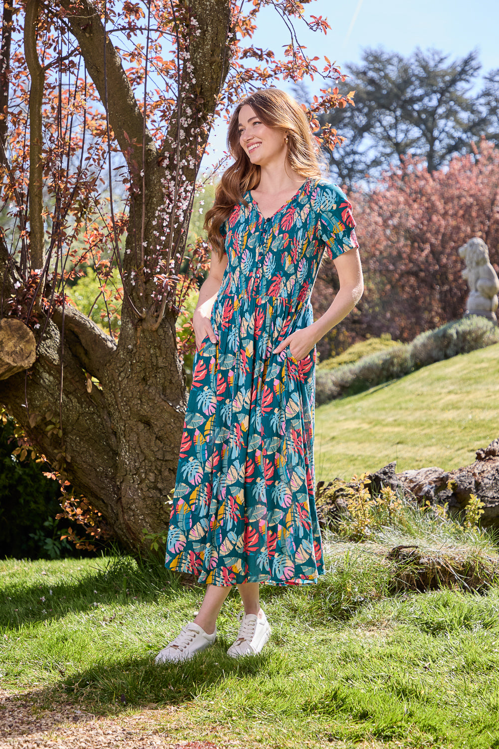 Leaf Print Button-Up Dress