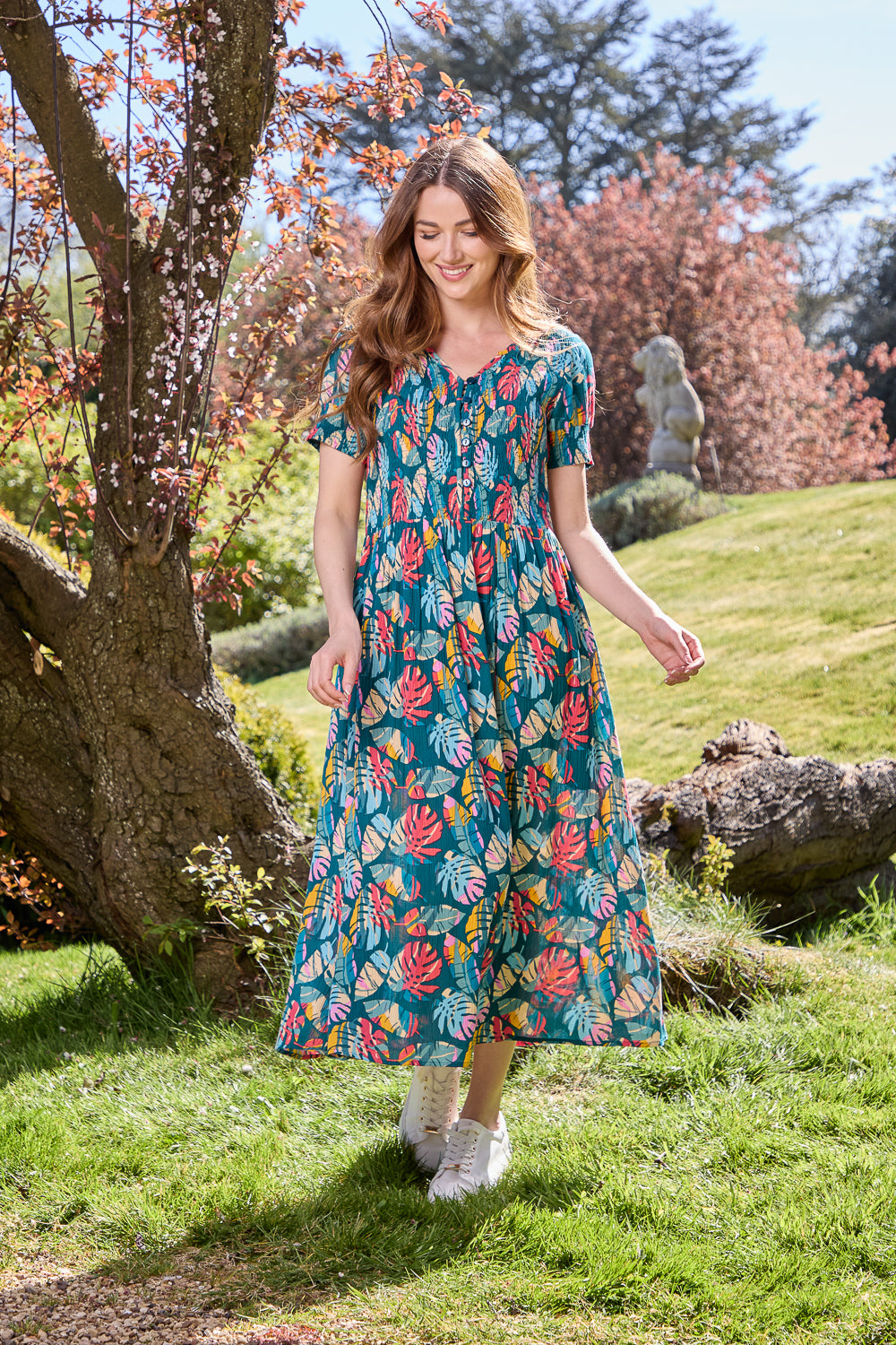 Leaf Print Button-Up Dress